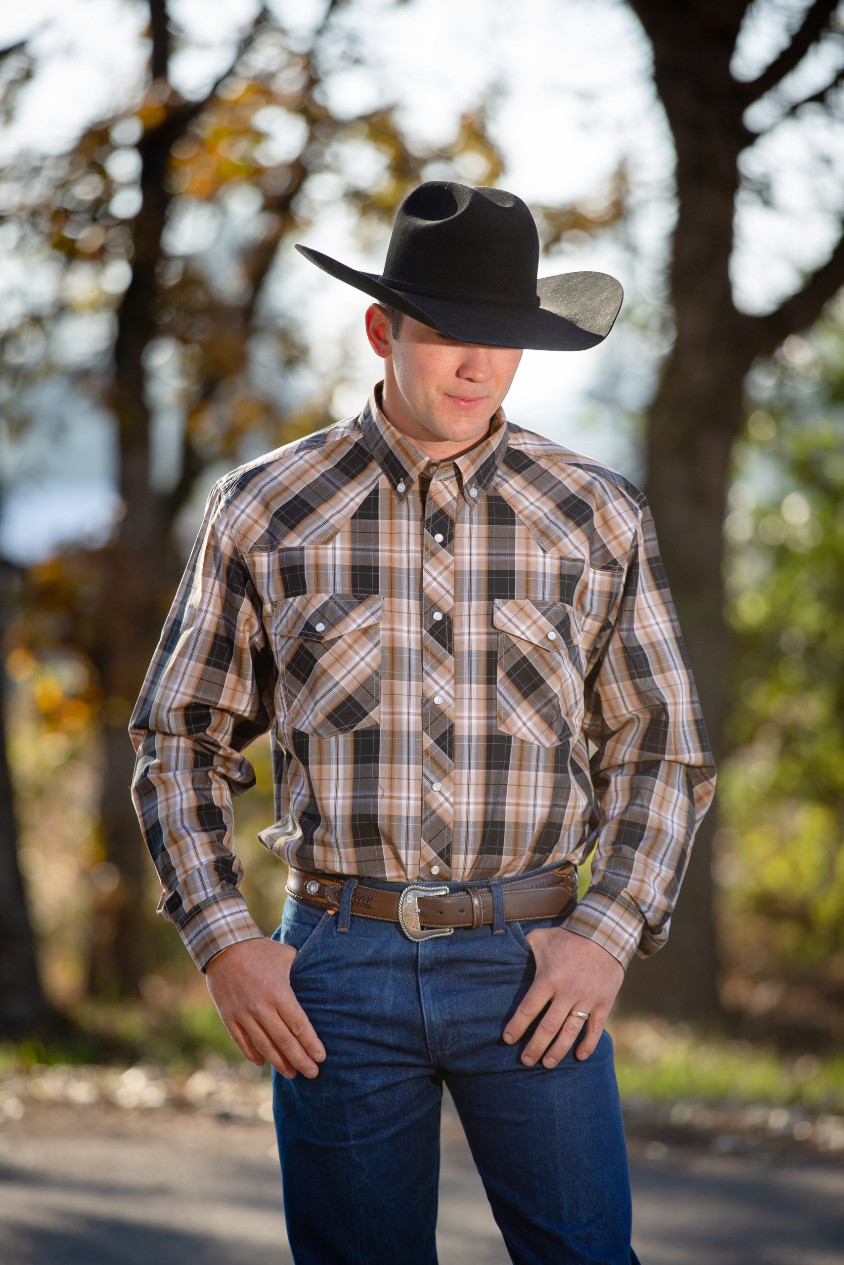 Western Print Shirt #10 Tan:Black Plaid Western Shirt #10 Tan and Black - Image 1