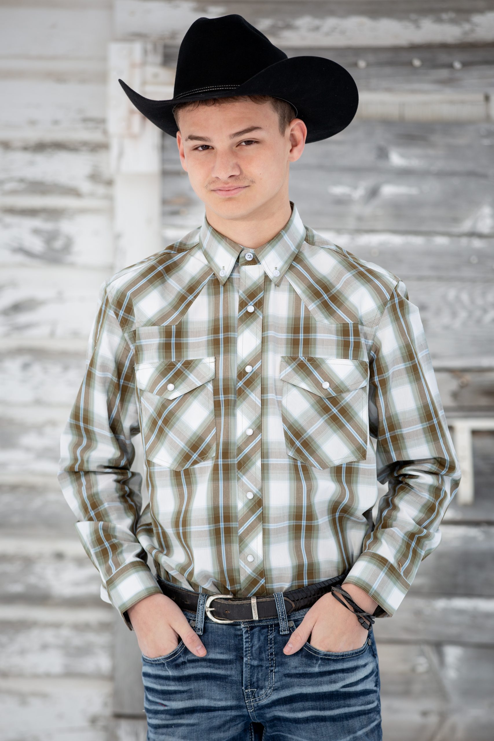 Western Print Shirt #17 Tan:Blue Plaid Western Print Shirt #17 Tan and Blue - Image 1